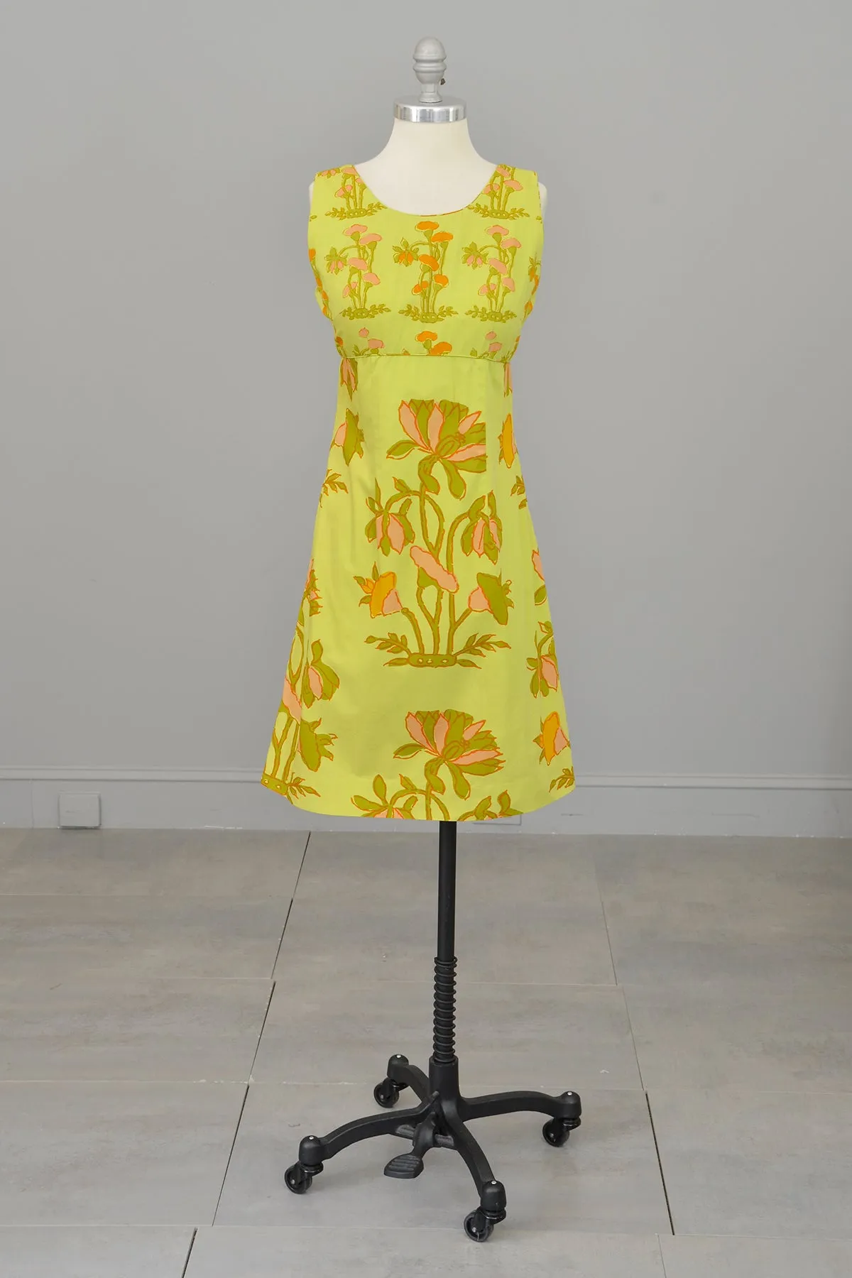 1960s Chartreuse Op Art Tropical Floral Print A-Line Mini Dress and Quilted Cropped Vest | Design Thai Bangkok | 1960s Mini Dress