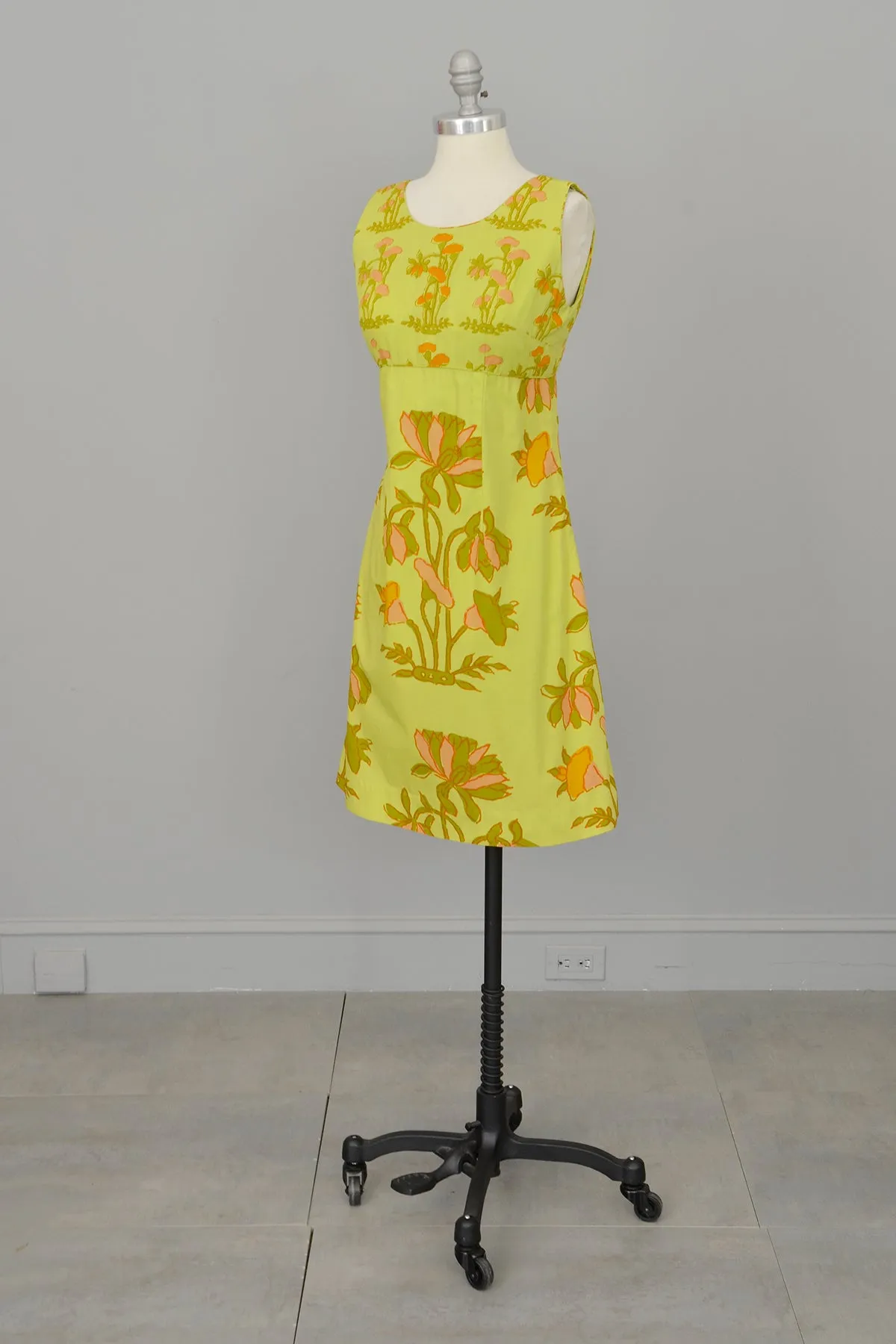 1960s Chartreuse Op Art Tropical Floral Print A-Line Mini Dress and Quilted Cropped Vest | Design Thai Bangkok | 1960s Mini Dress