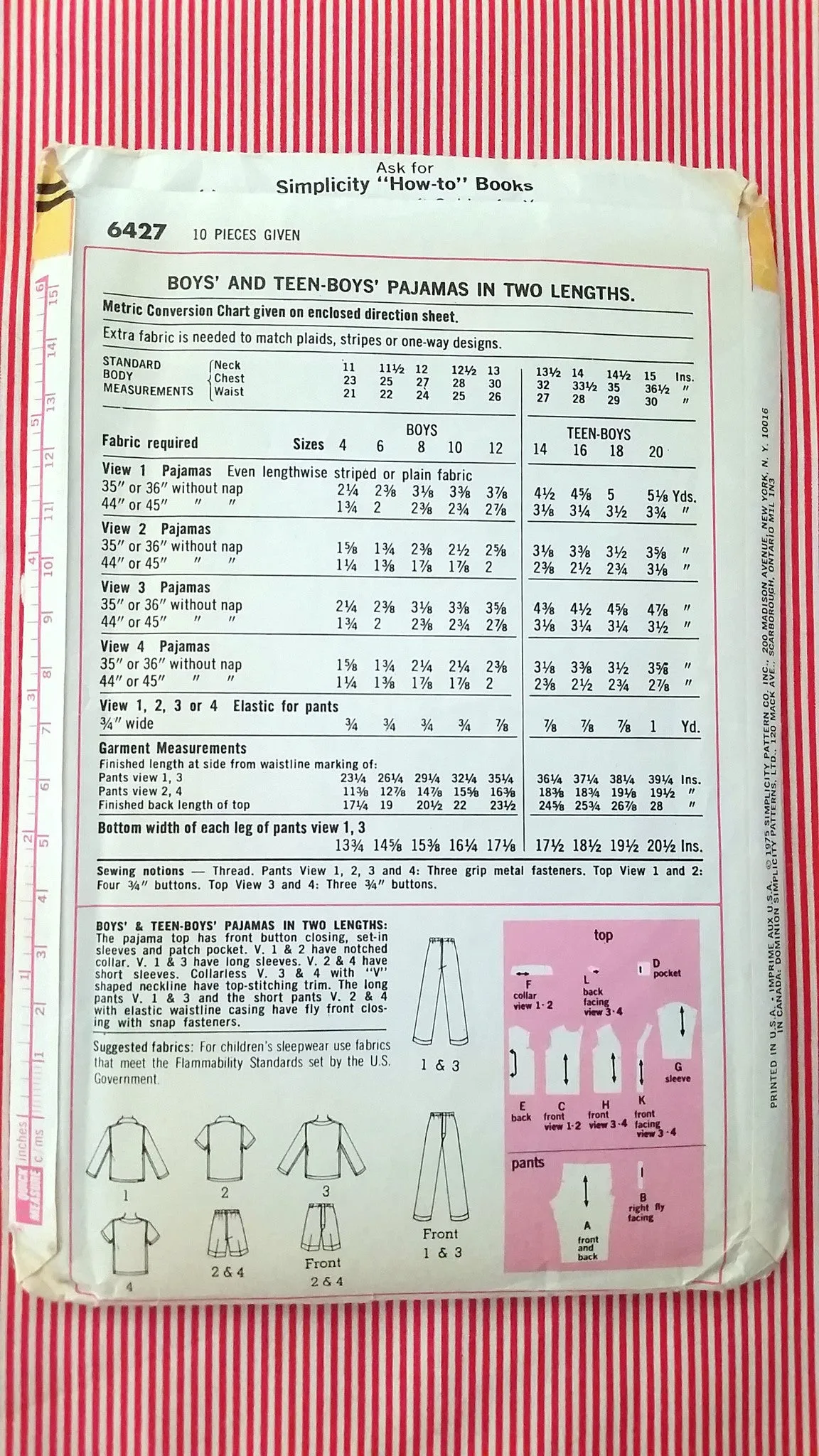 1975 Simplicity Vintage Sewing Pattern 6427 - Teen, Boy Pajamas PTSB6427