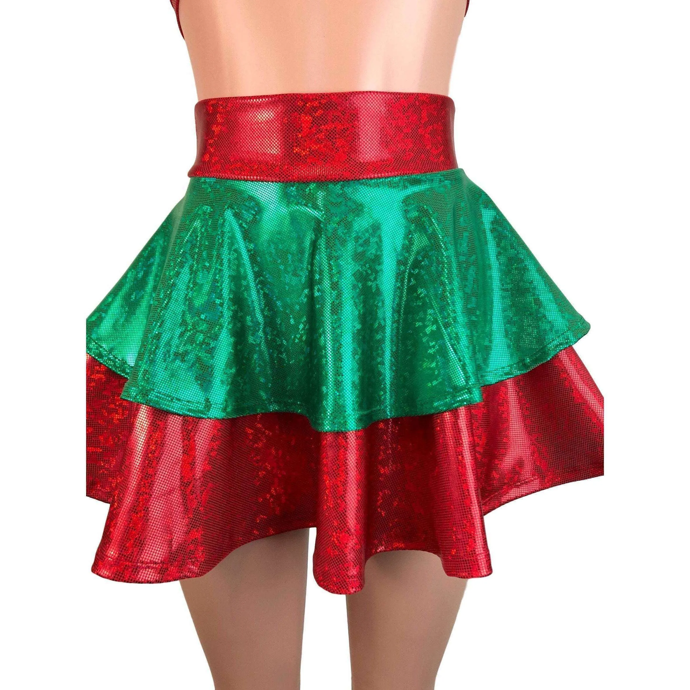 2-Layer Skater Skirt - Elf Holographic Shattered Glass Red and Green