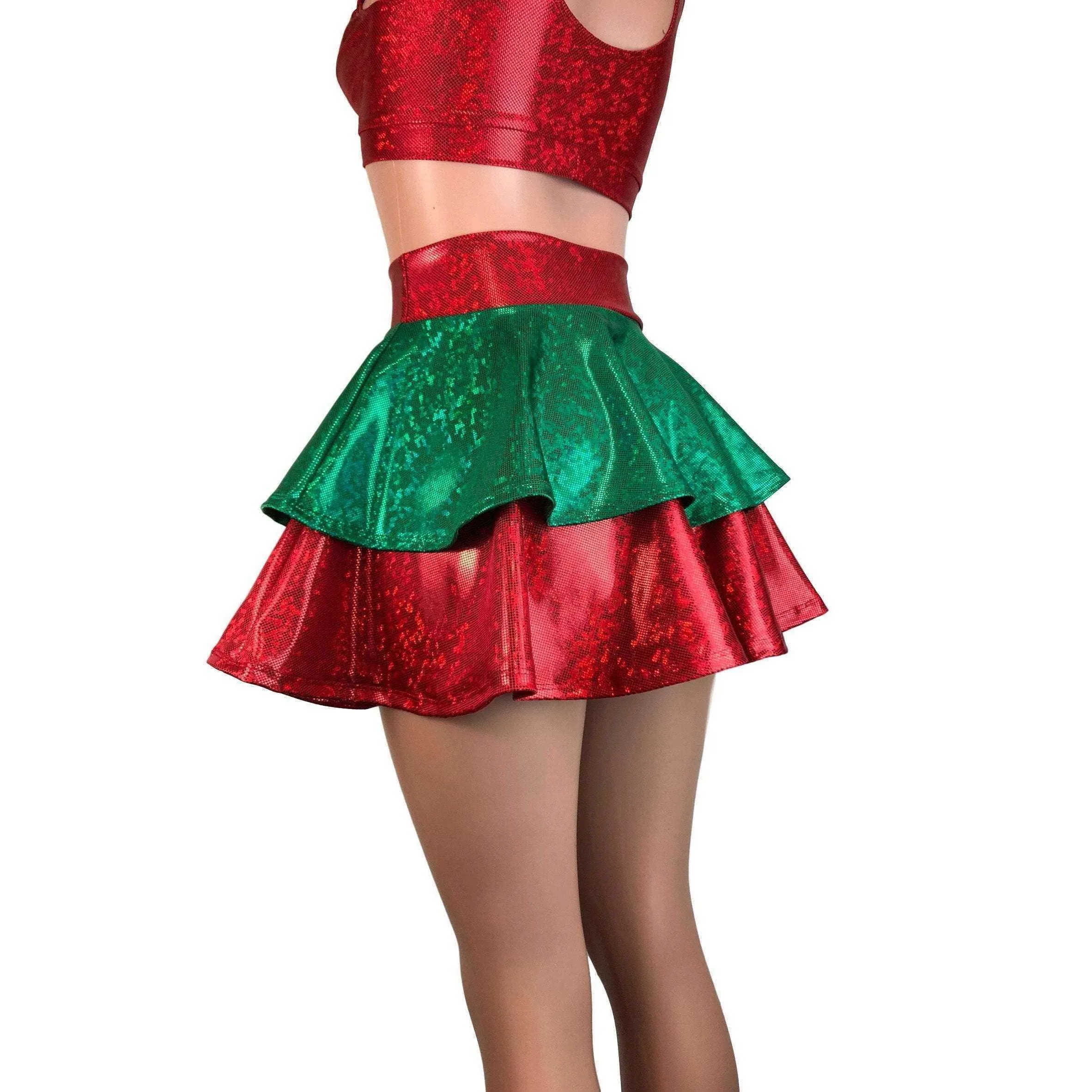 2-Layer Skater Skirt - Elf Holographic Shattered Glass Red and Green