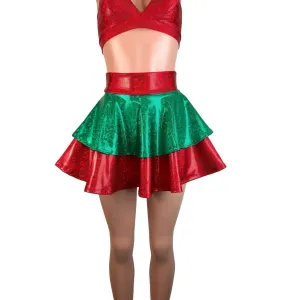 2-Layer Skater Skirt - Elf Holographic Shattered Glass Red and Green