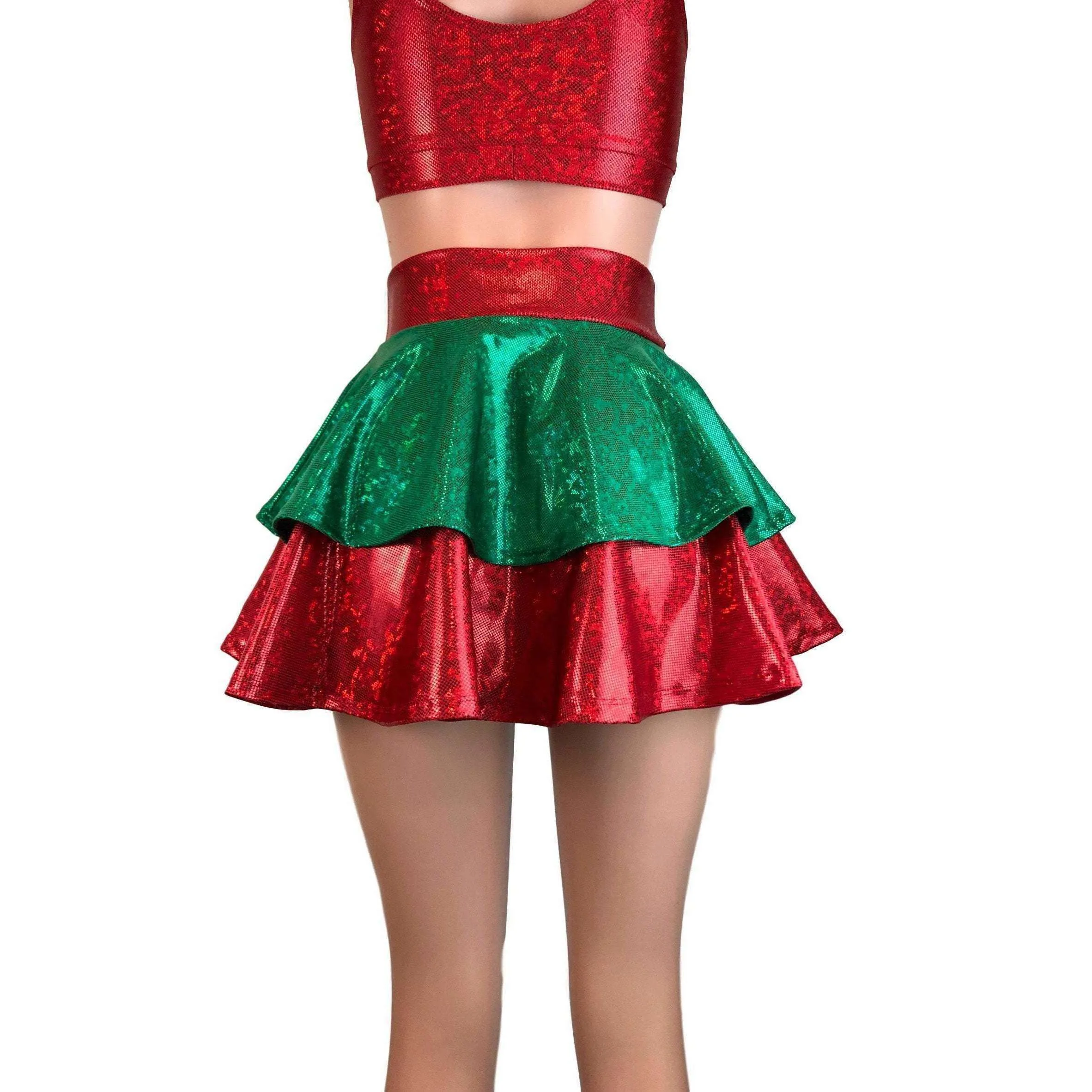 2-Layer Skater Skirt - Elf Holographic Shattered Glass Red and Green