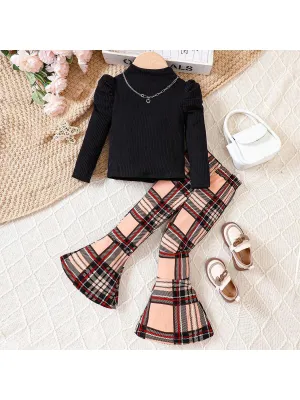 2pcs Girls' Knitted Long Sleeve Undershirt   Plaid Flared Pants Casual Set, Autumn & Winter