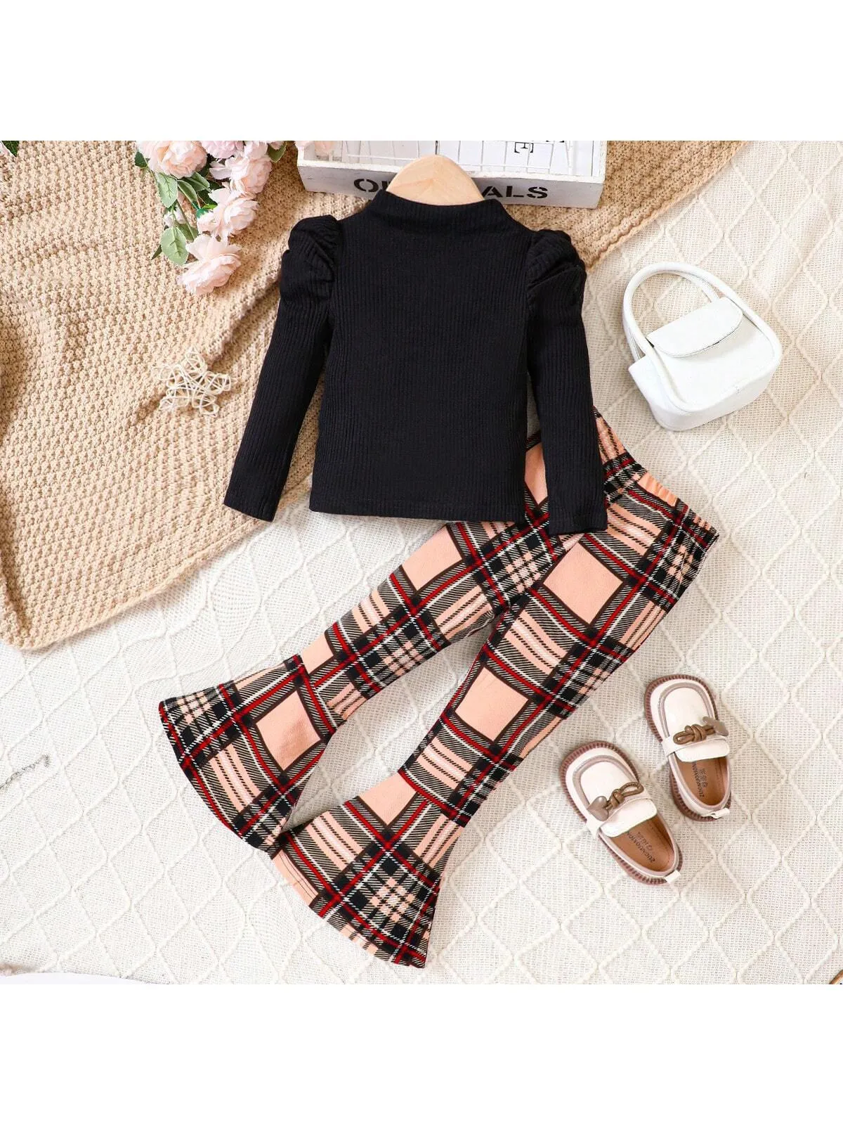 2pcs Girls' Knitted Long Sleeve Undershirt   Plaid Flared Pants Casual Set, Autumn & Winter