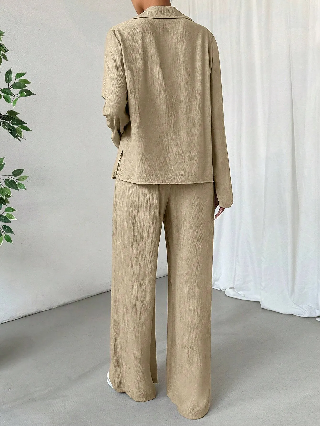 2pcs Women's Solid Color Front Tie Long Sleeve Casual Top And Pants Set