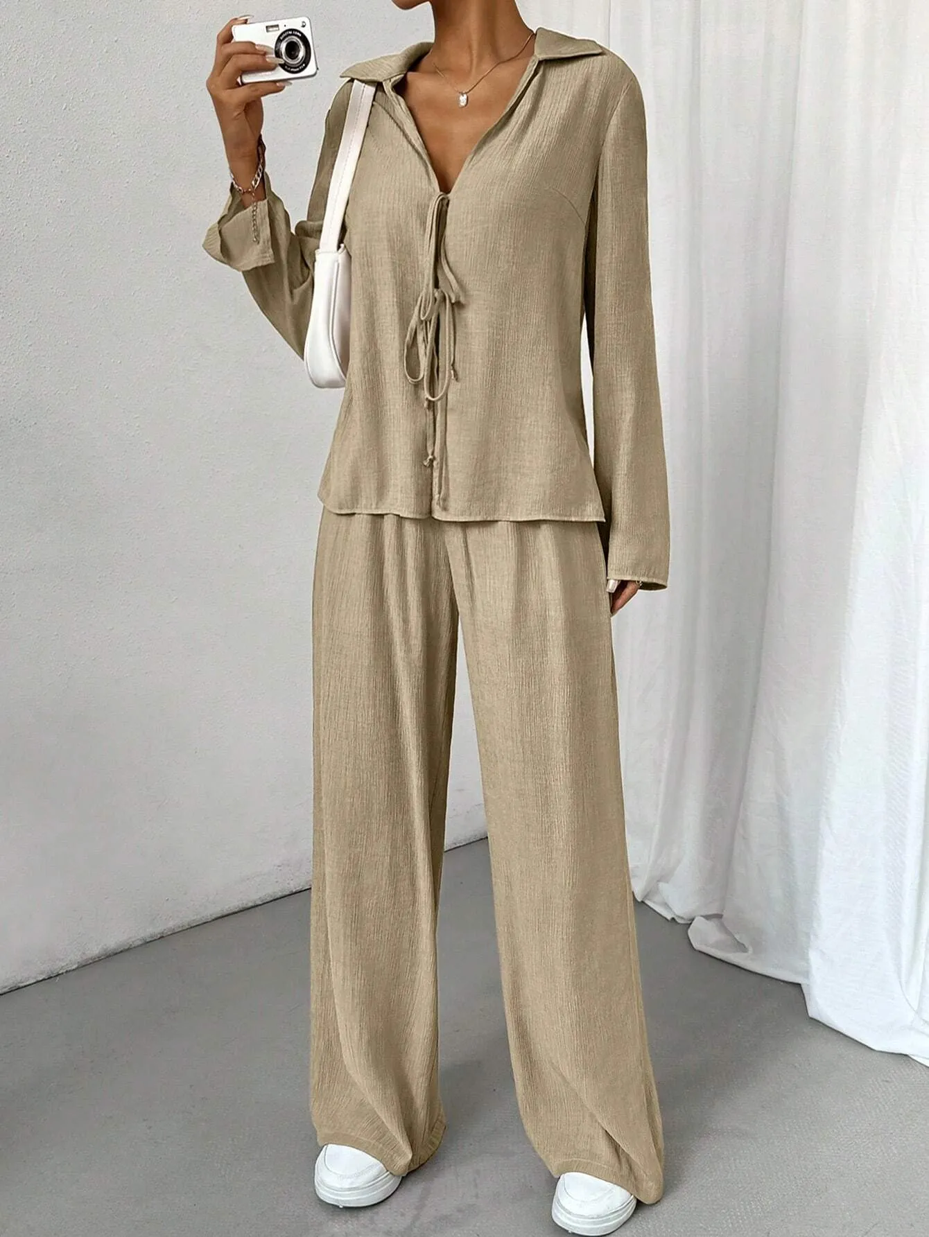 2pcs Women's Solid Color Front Tie Long Sleeve Casual Top And Pants Set