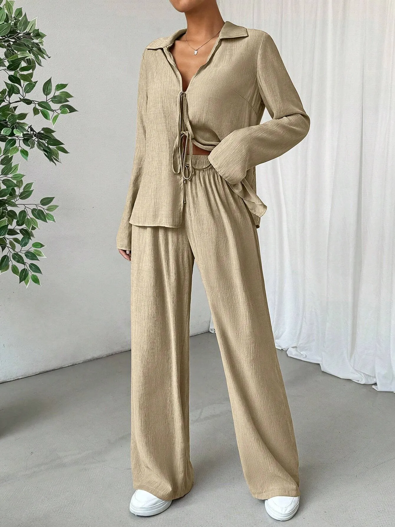 2pcs Women's Solid Color Front Tie Long Sleeve Casual Top And Pants Set