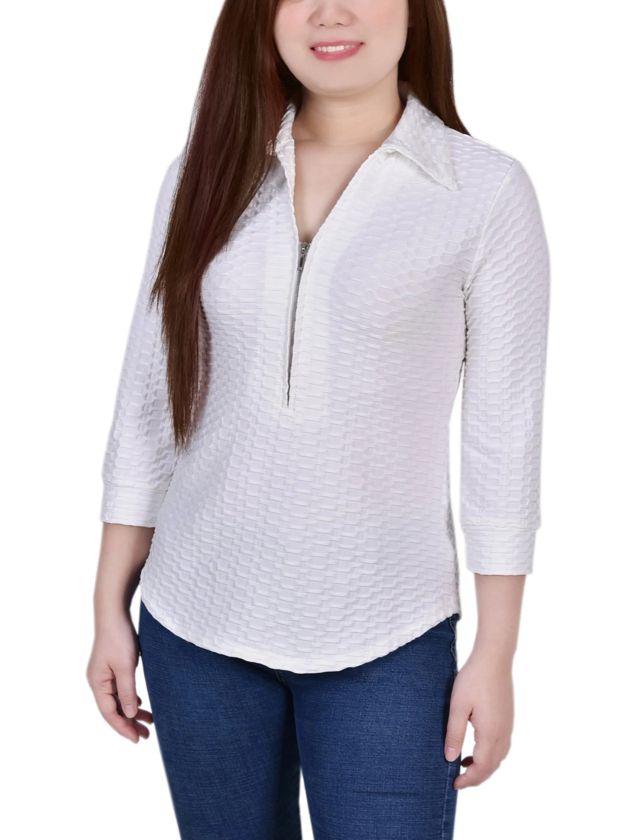 3/4 Sleeve Honeycomb Half Zip Collared Top