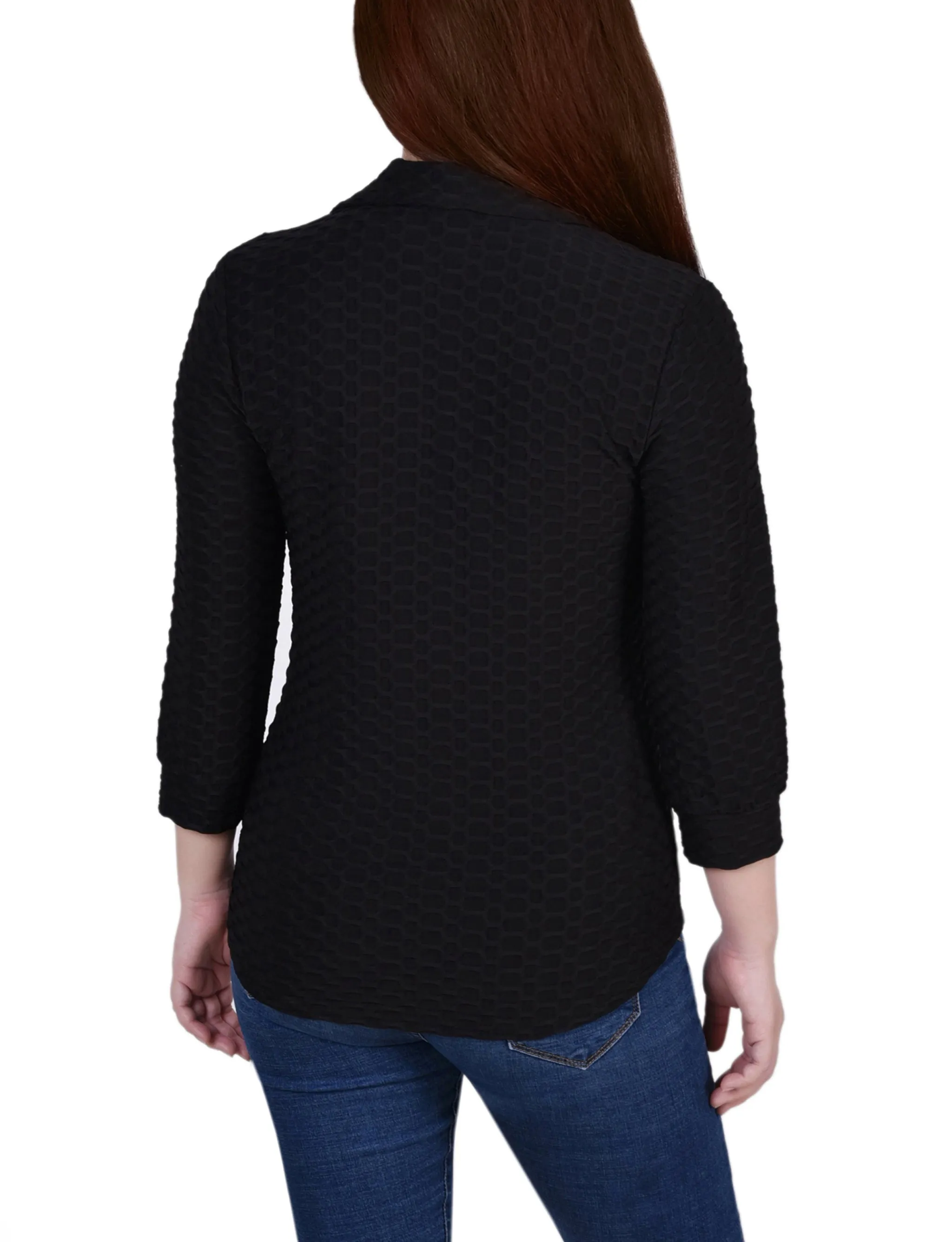 3/4 Sleeve Honeycomb Half Zip Collared Top