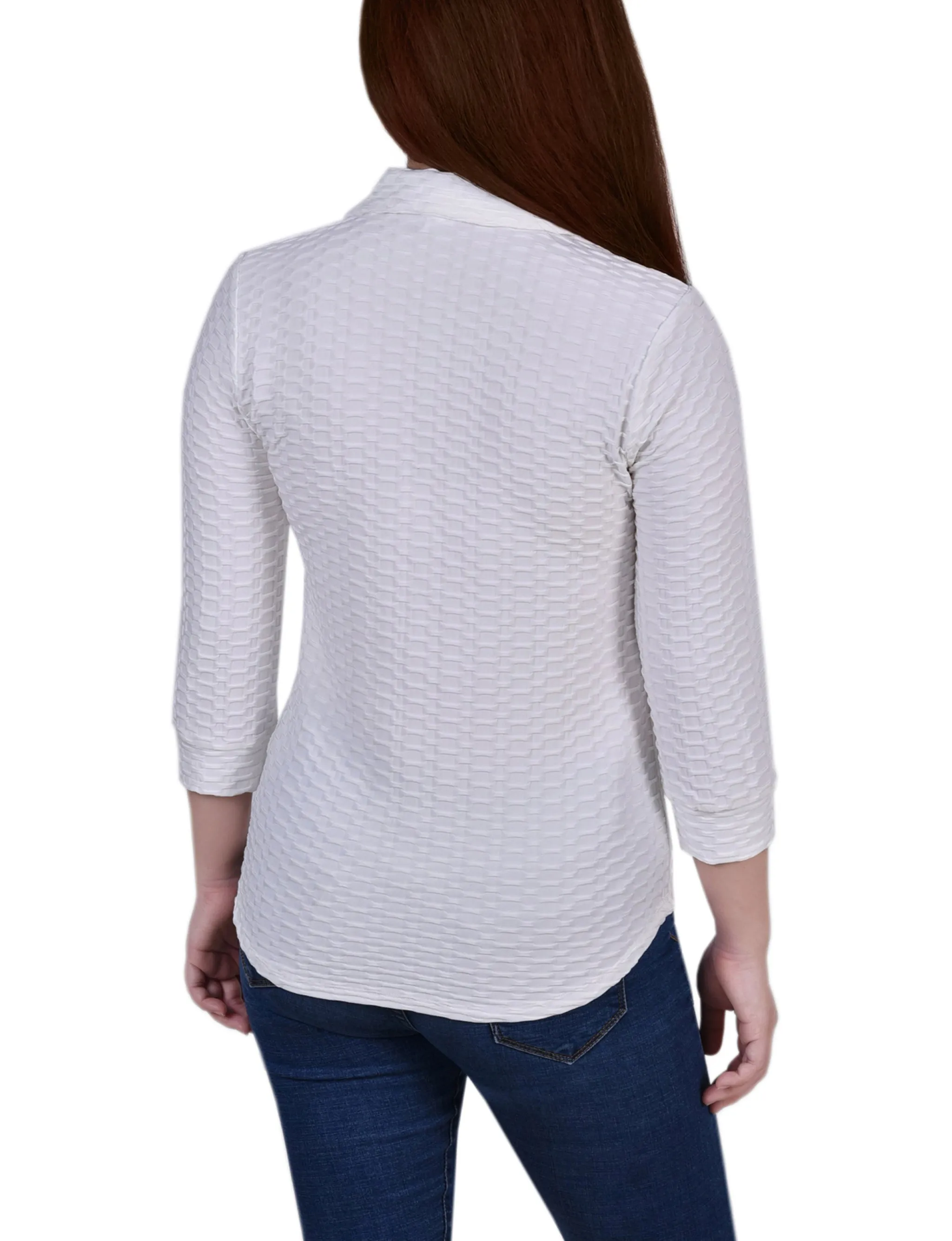 3/4 Sleeve Honeycomb Half Zip Collared Top