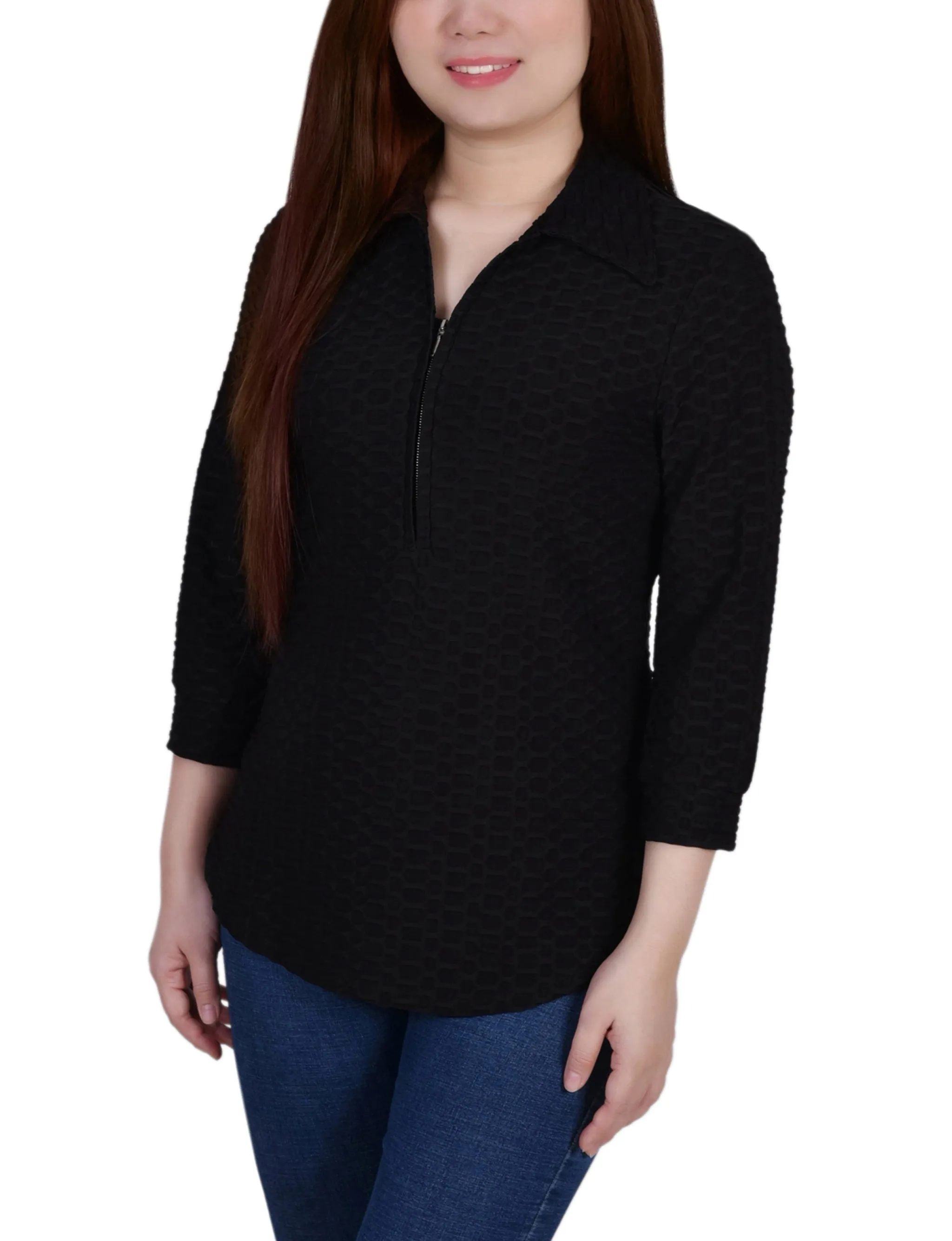 3/4 Sleeve Honeycomb Half Zip Collared Top