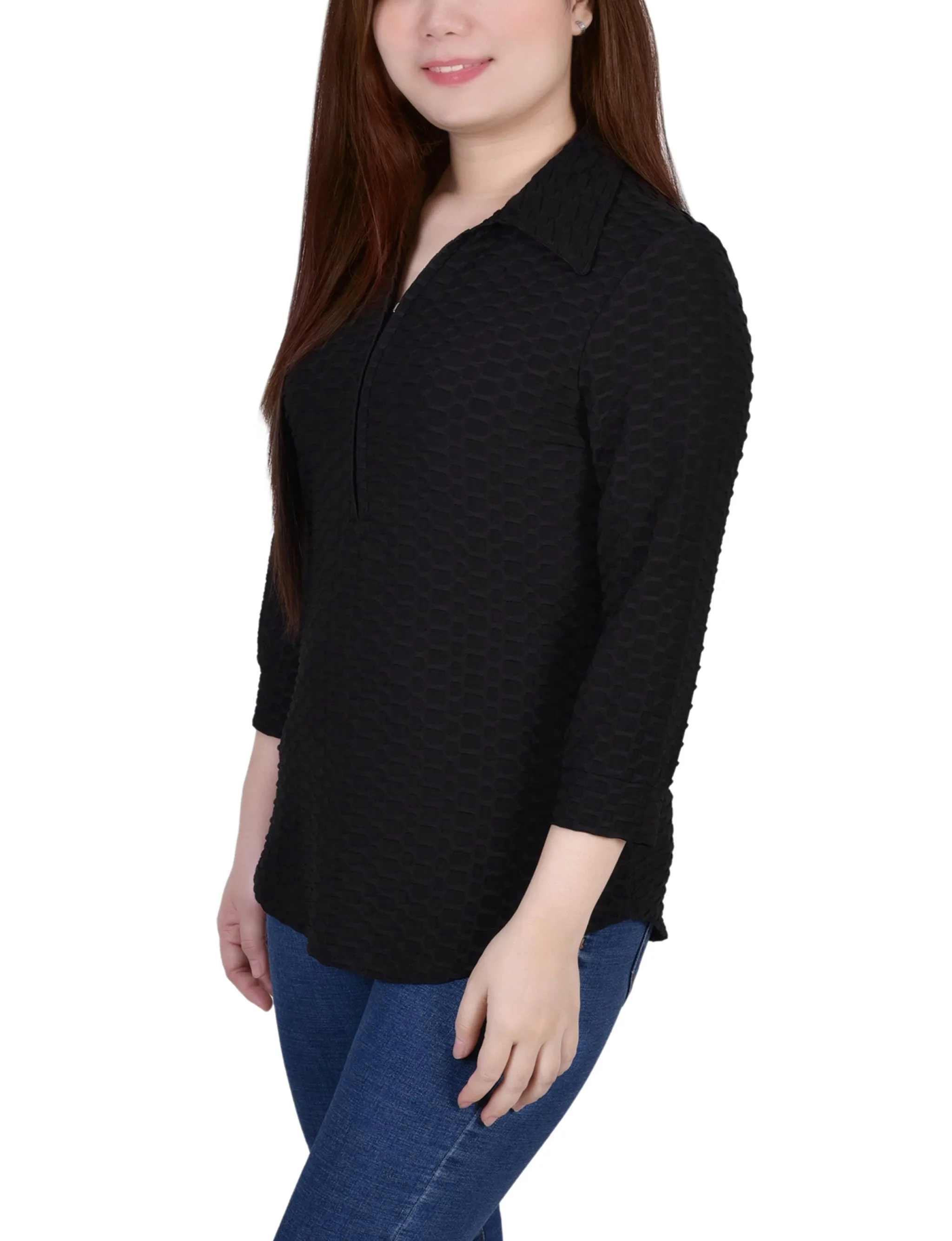 3/4 Sleeve Honeycomb Half Zip Collared Top