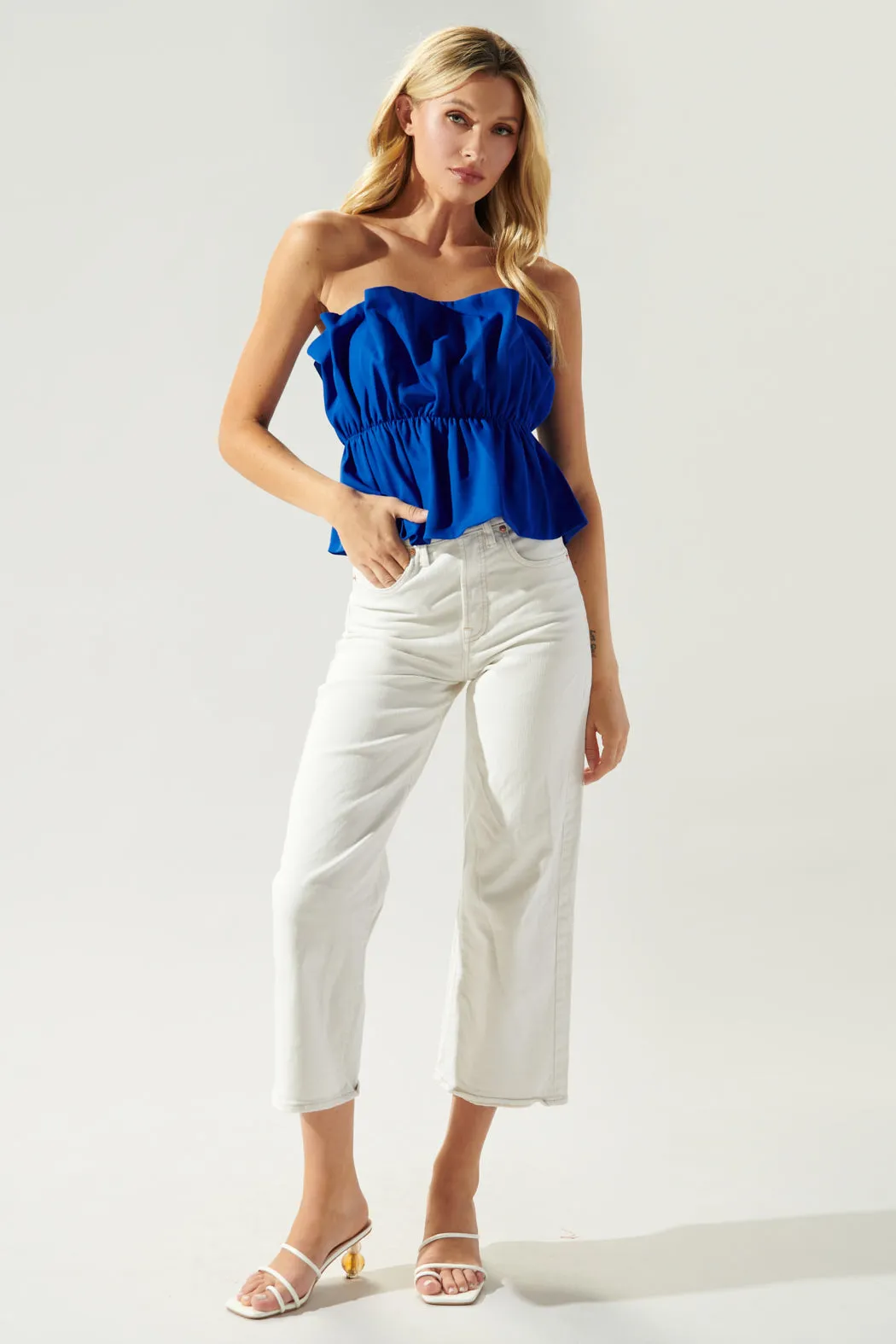 About Last Night Strapless Ruffle Top