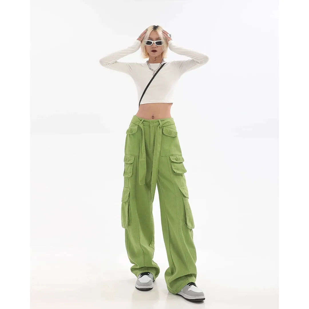 Adeline Solid Color Straight Leg Multi-Pocket Belt High Waist Cargo Pants