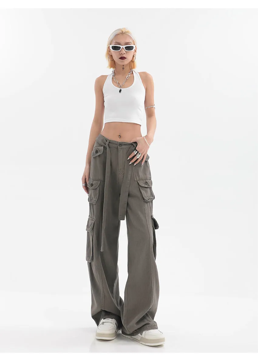 Adeline Solid Color Straight Leg Multi-Pocket Belt High Waist Cargo Pants