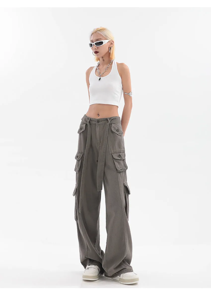 Adeline Solid Color Straight Leg Multi-Pocket Belt High Waist Cargo Pants