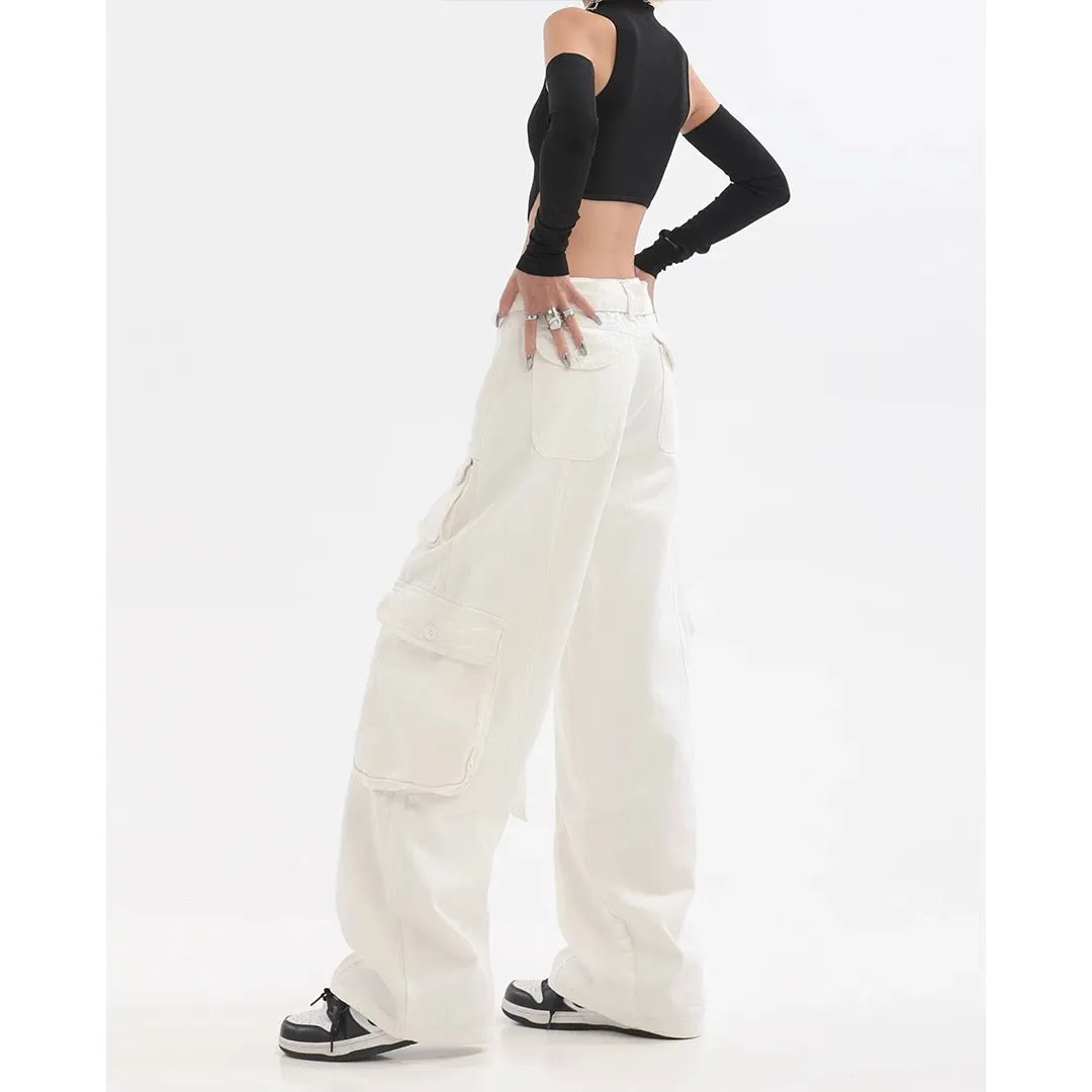 Adeline Solid Color Straight Leg Multi-Pocket Belt High Waist Cargo Pants