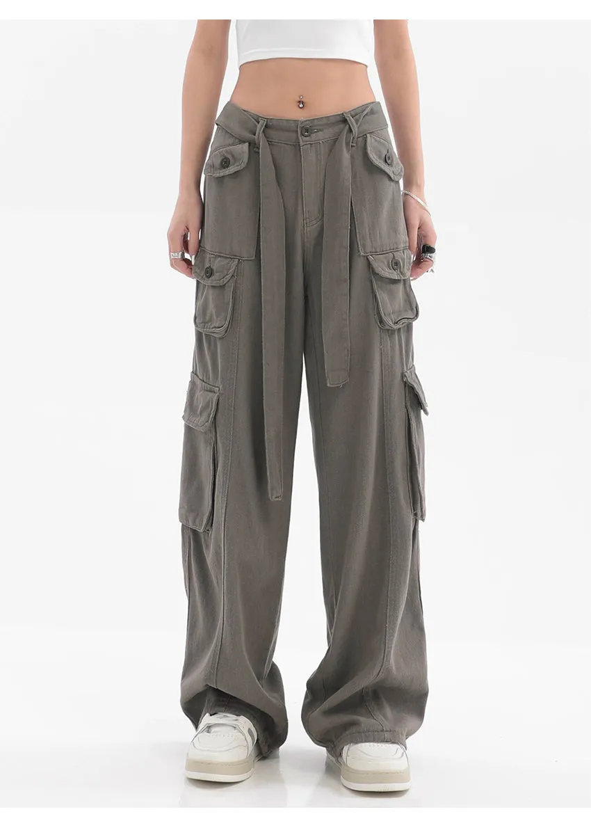 Adeline Solid Color Straight Leg Multi-Pocket Belt High Waist Cargo Pants