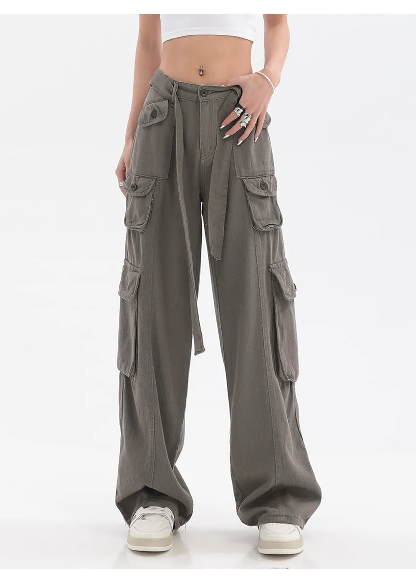 Adeline Solid Color Straight Leg Multi-Pocket Belt High Waist Cargo Pants