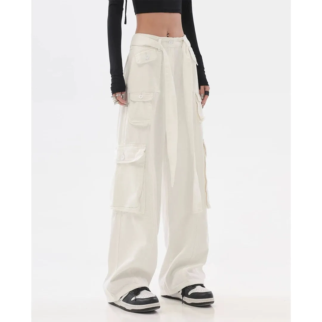 Adeline Solid Color Straight Leg Multi-Pocket Belt High Waist Cargo Pants