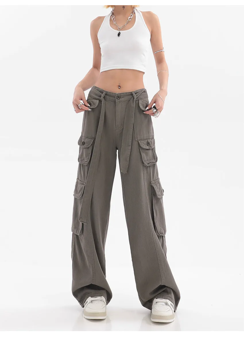 Adeline Solid Color Straight Leg Multi-Pocket Belt High Waist Cargo Pants