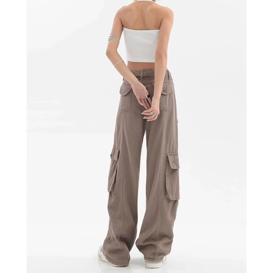 Adeline Solid Color Straight Leg Multi-Pocket Belt High Waist Cargo Pants