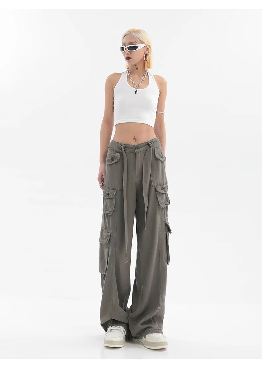 Adeline Solid Color Straight Leg Multi-Pocket Belt High Waist Cargo Pants