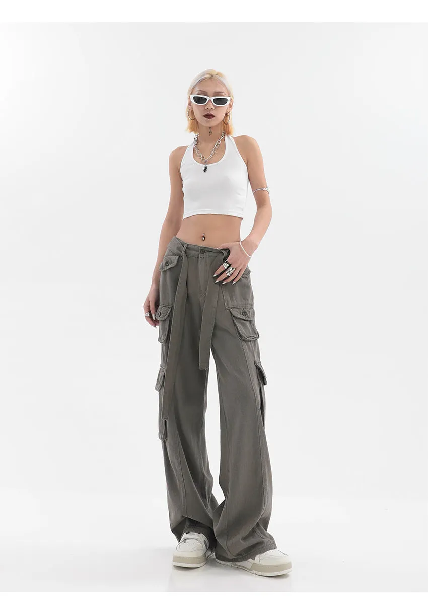 Adeline Solid Color Straight Leg Multi-Pocket Belt High Waist Cargo Pants