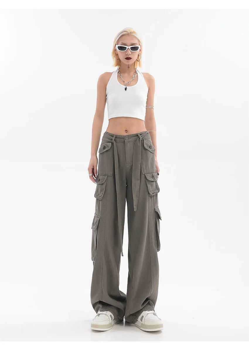 Adeline Solid Color Straight Leg Multi-Pocket Belt High Waist Cargo Pants