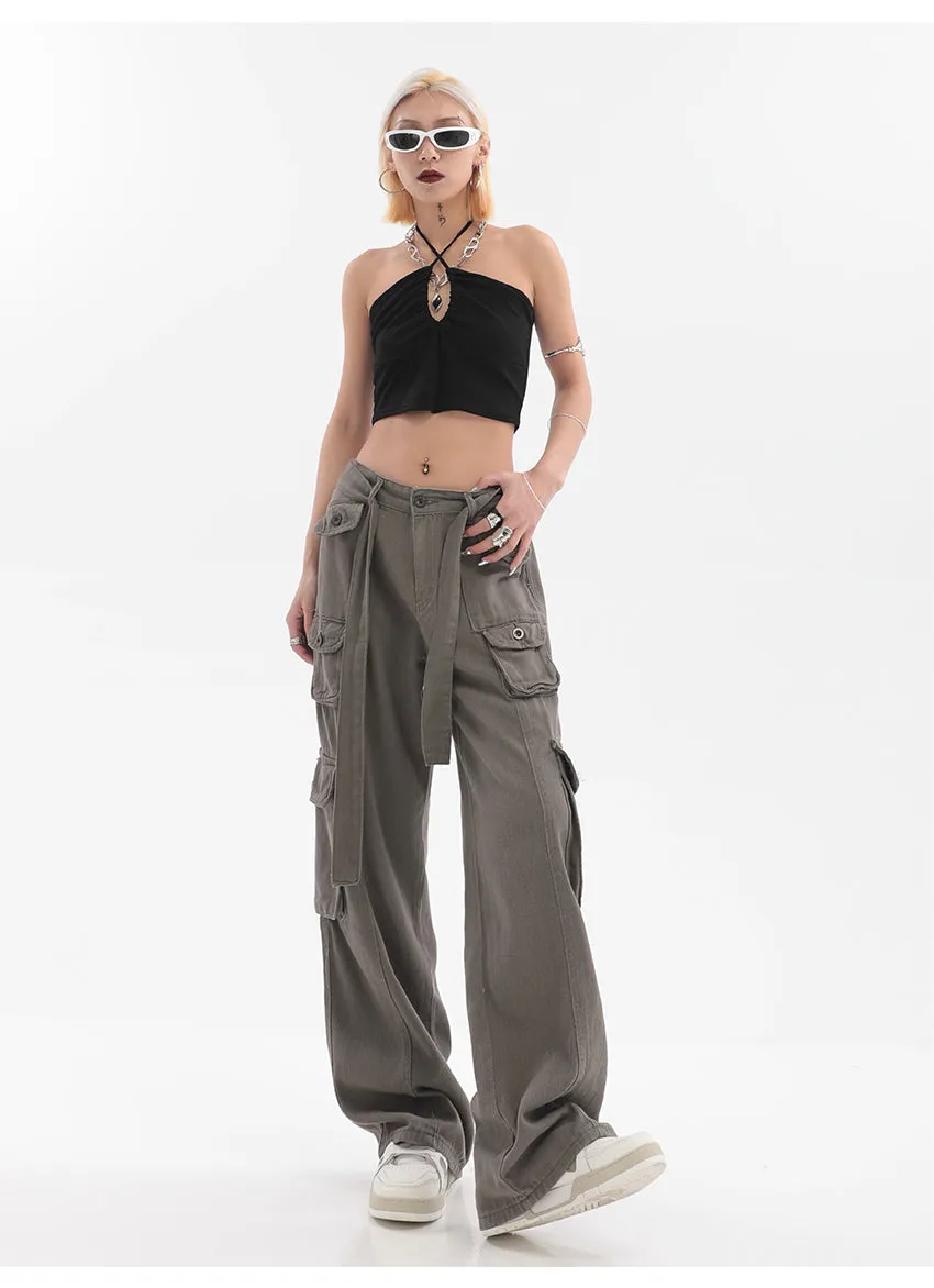 Adeline Solid Color Straight Leg Multi-Pocket Belt High Waist Cargo Pants