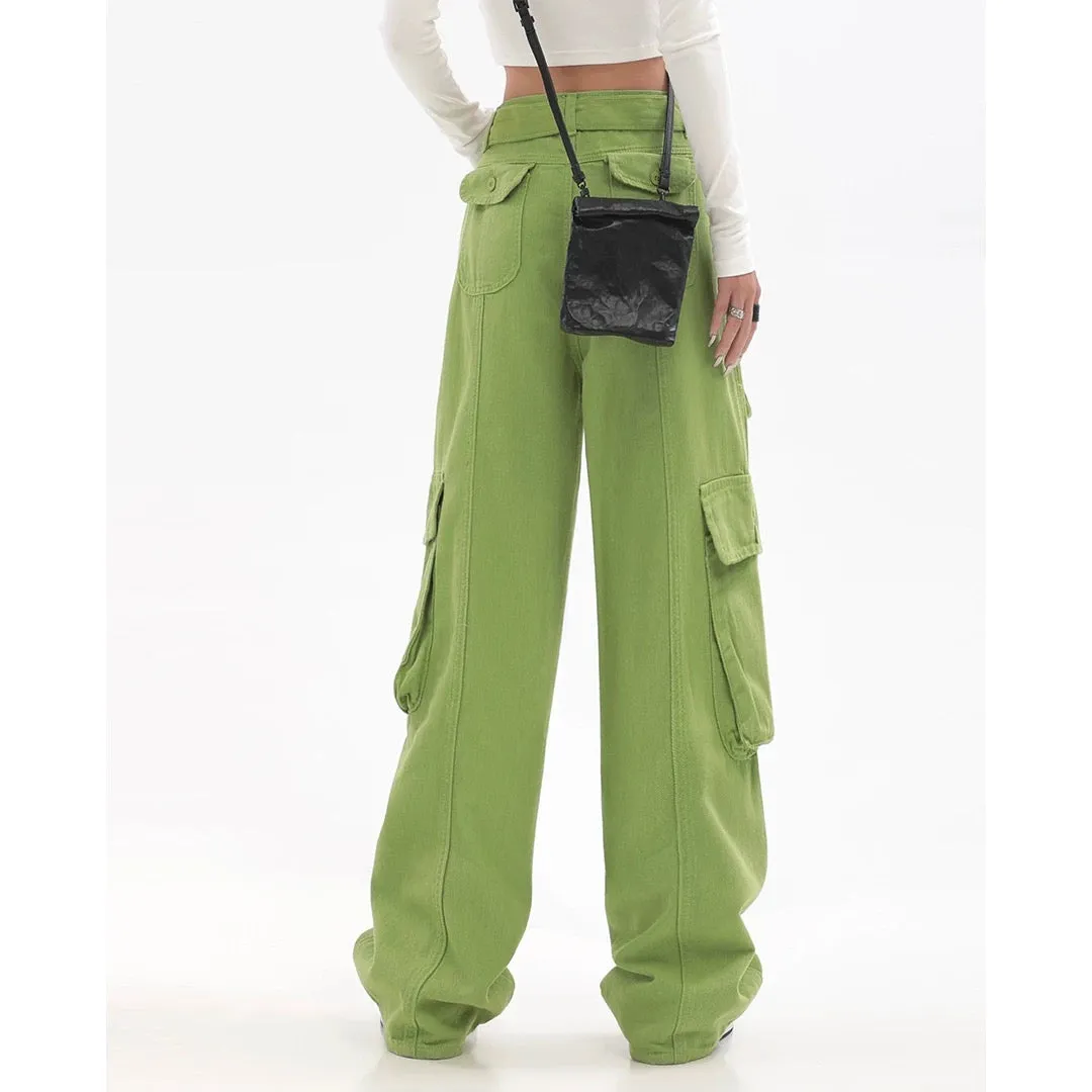 Adeline Solid Color Straight Leg Multi-Pocket Belt High Waist Cargo Pants