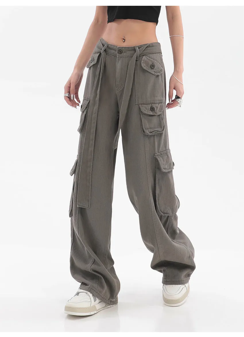 Adeline Solid Color Straight Leg Multi-Pocket Belt High Waist Cargo Pants