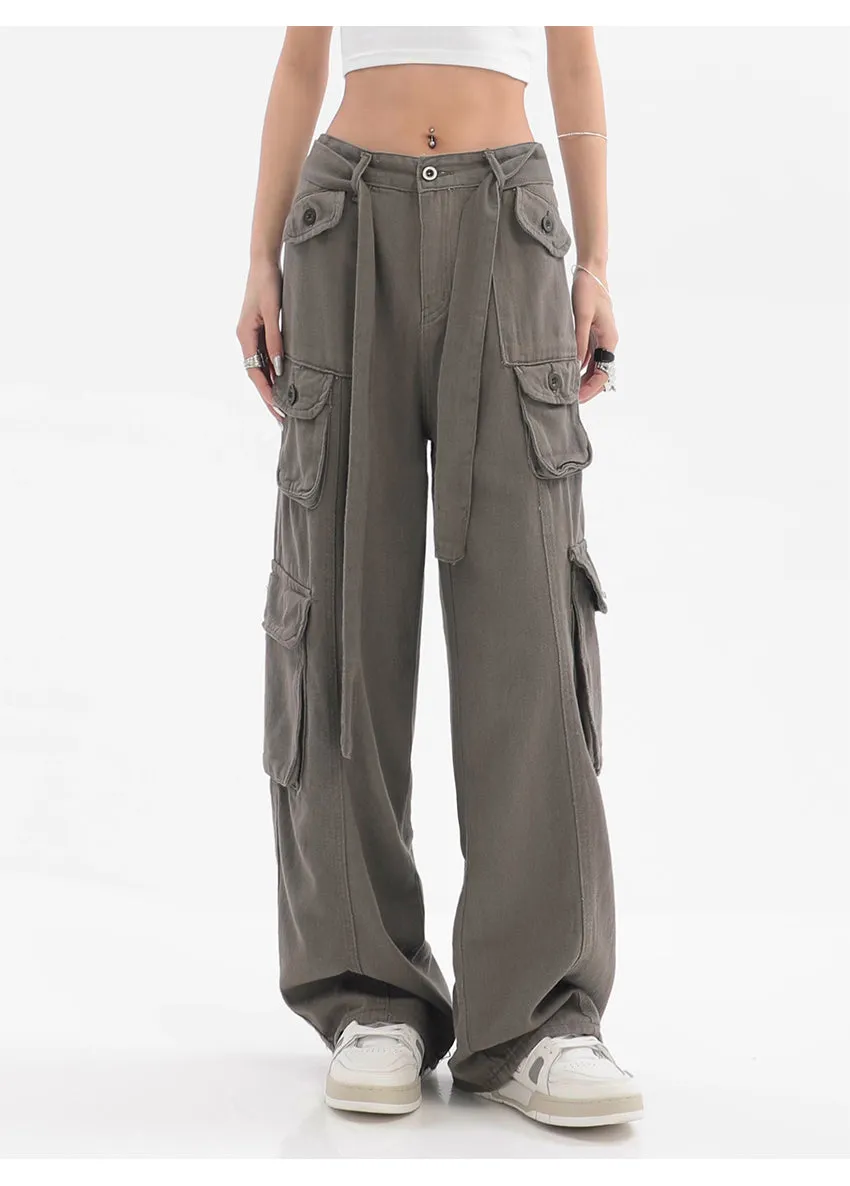 Adeline Solid Color Straight Leg Multi-Pocket Belt High Waist Cargo Pants