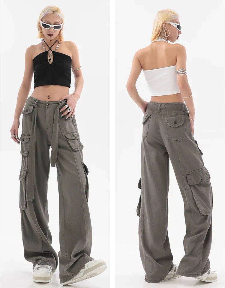 Adeline Solid Color Straight Leg Multi-Pocket Belt High Waist Cargo Pants