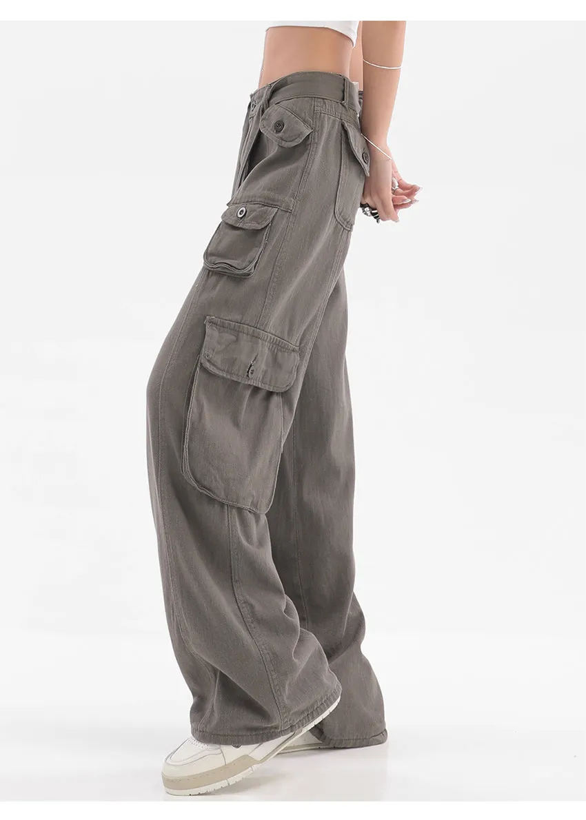 Adeline Solid Color Straight Leg Multi-Pocket Belt High Waist Cargo Pants