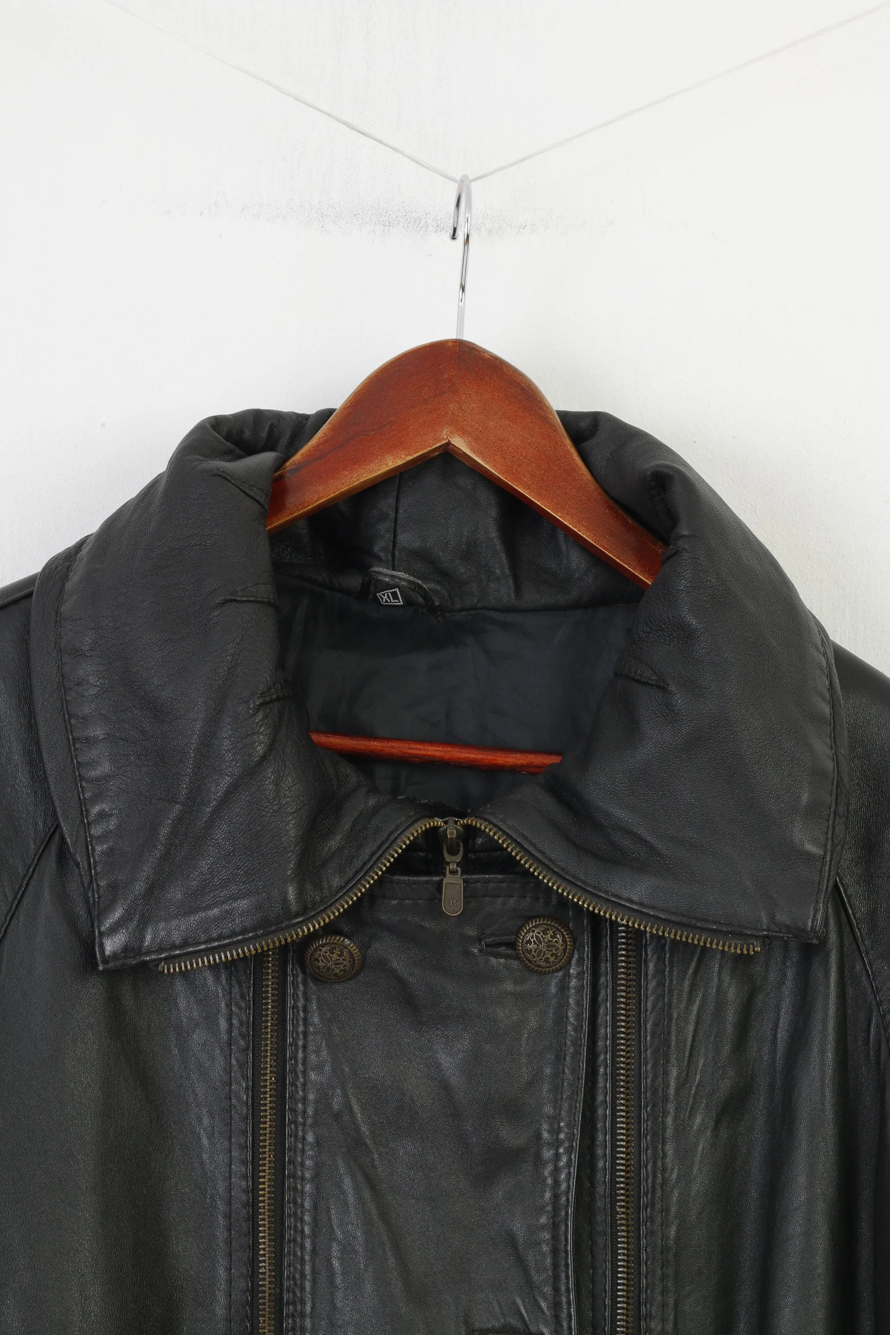 Alberto Tesatti Creation Woman XL Leather Jacket Black Full Zipper Collar Shoulder Pads Vintage