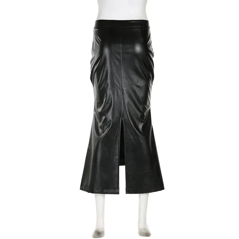 Asymmetrical Folds Black Leather Skirt Ladies Elegant Folds Zipper Sexy Long Skirt Clubwear Party Fashion Slit Bottom