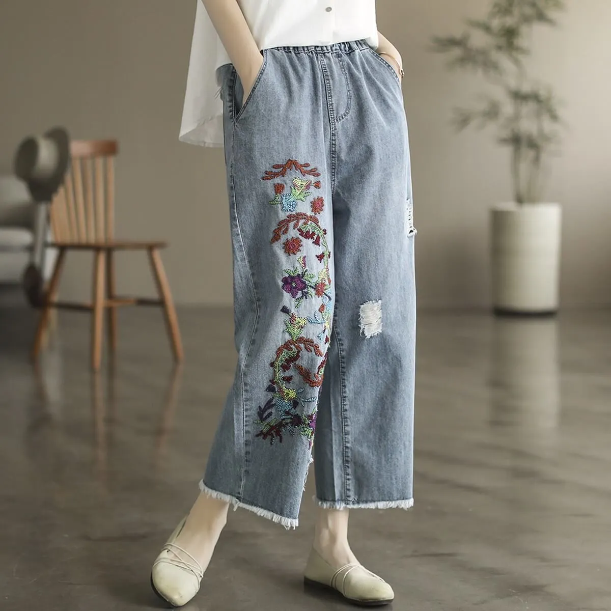 Babakud Women Autumn Art Floral Casual Denim Jeans Pants