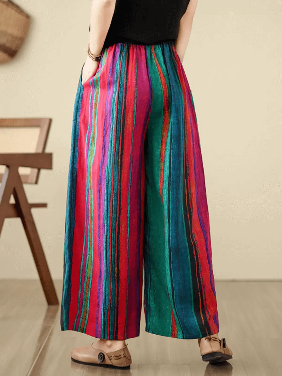 Babakud Women Summer Vintage Striped Ramie Wide-Leg Pants