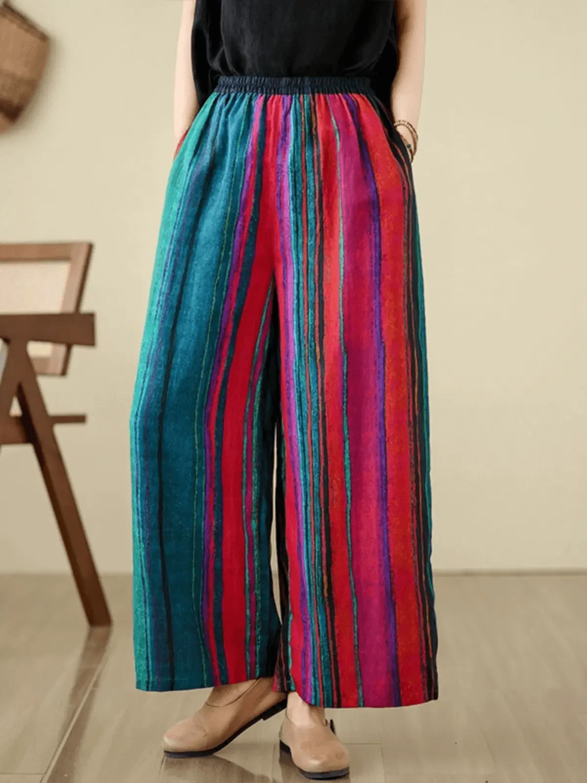 Babakud Women Summer Vintage Striped Ramie Wide-Leg Pants