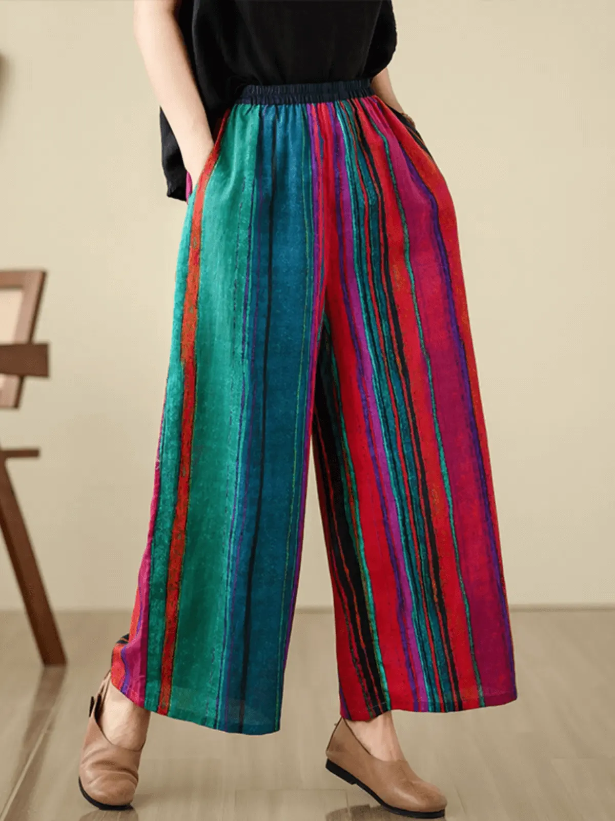 Babakud Women Summer Vintage Striped Ramie Wide-Leg Pants