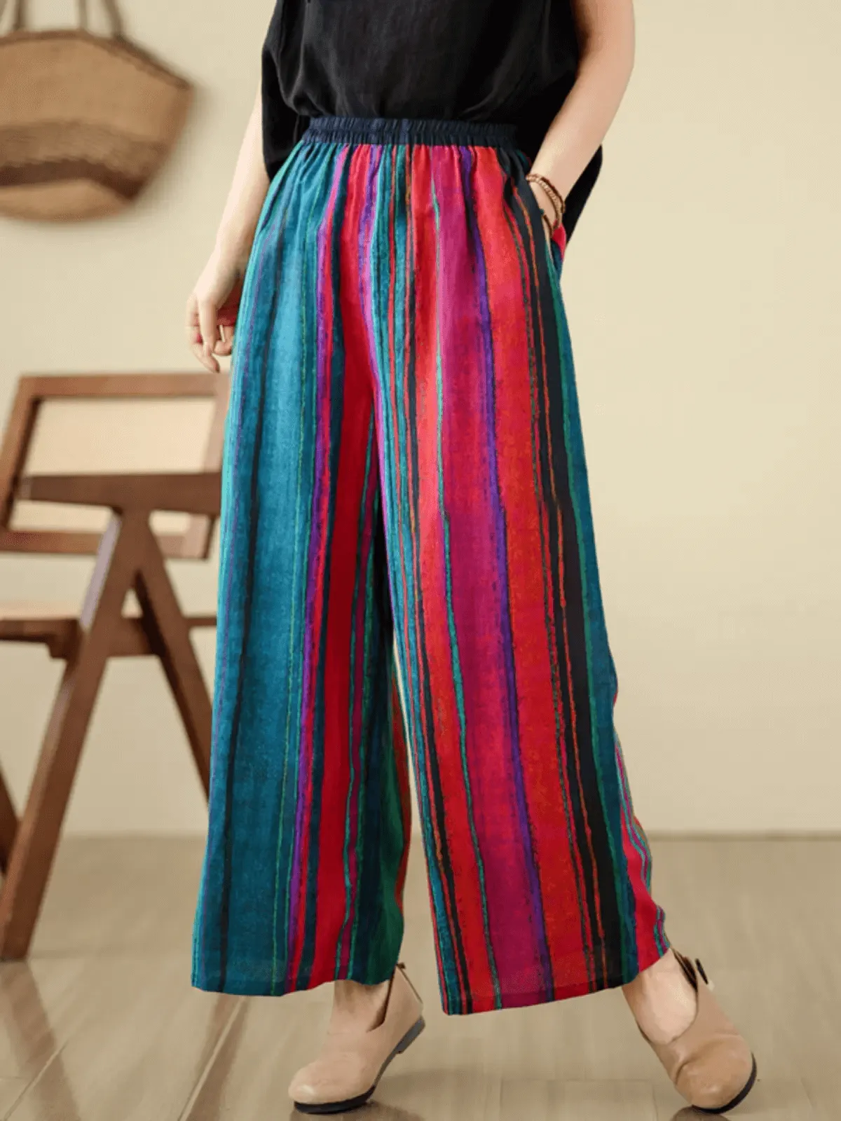 Babakud Women Summer Vintage Striped Ramie Wide-Leg Pants