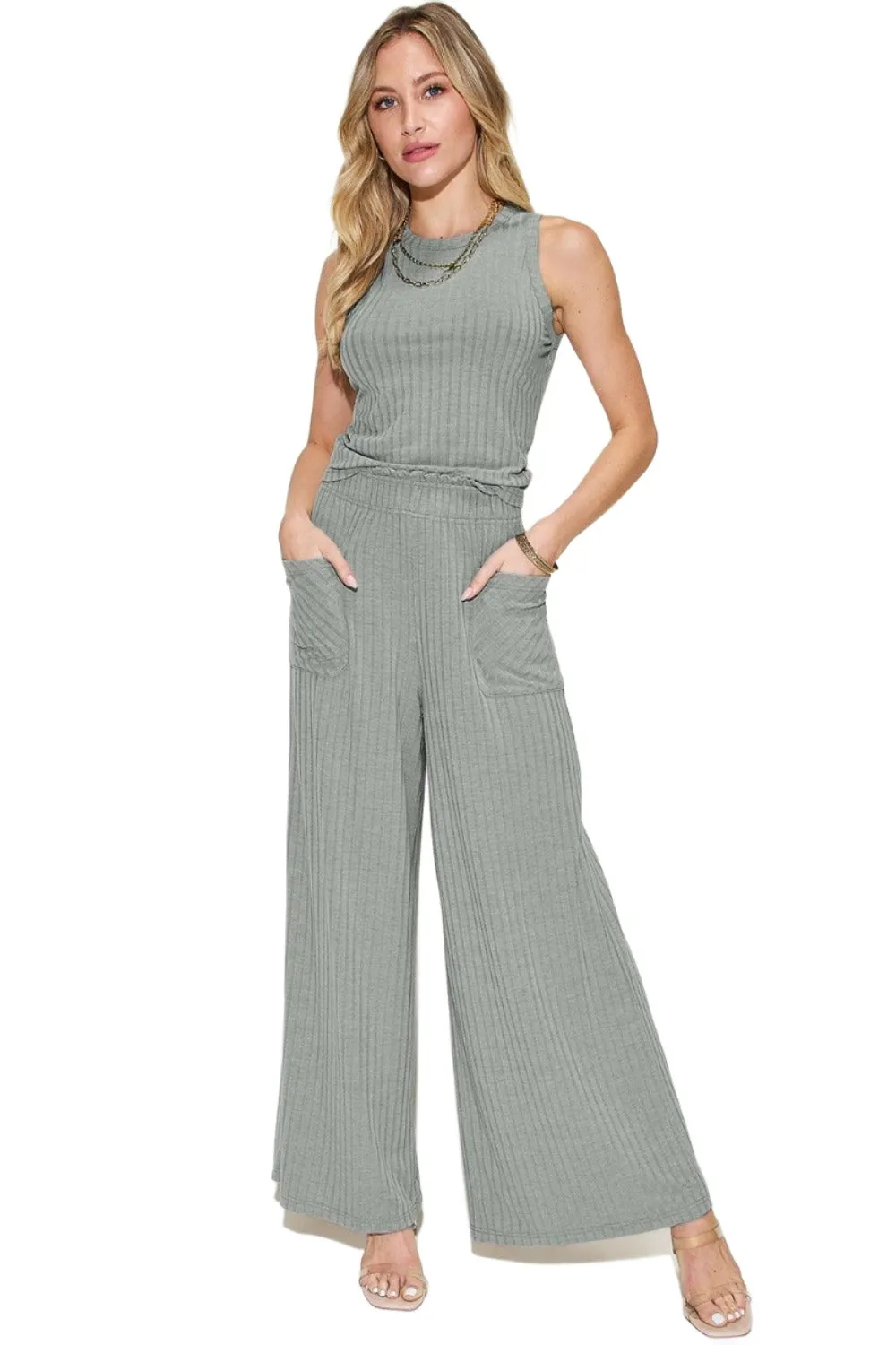 Basic Bae Full Size Ribbed Tank and Wide Leg Pants Set