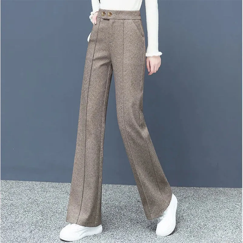 Big Size Thick Wool Blend Korean Woolen Wide Leg Winter Casual High Waist Loose Pants