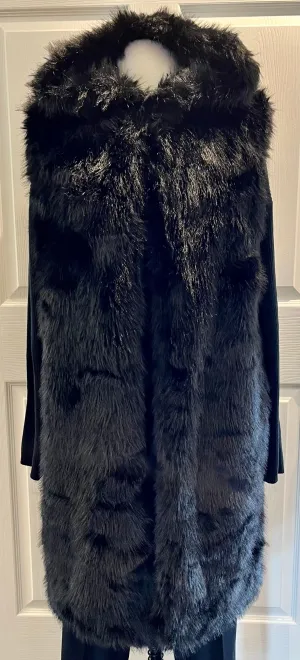 Black Faux Fur Duster Vest w/ Hoodie