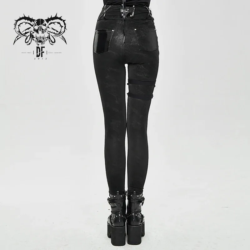 Black Pants w/ Vegan Patent Leather Straps and Removable Hexagram Thigh Detail