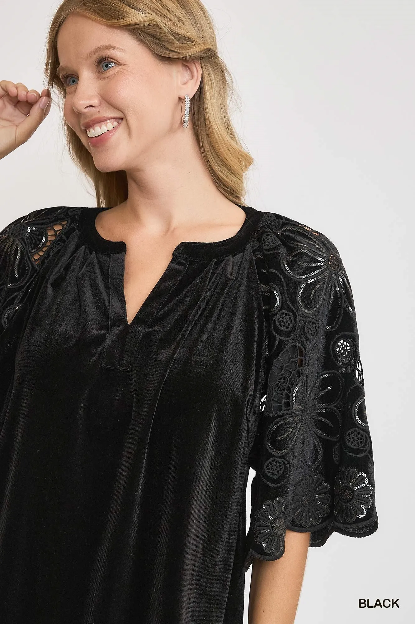 Black Velvet Top w/ Cut Out Lace Sleeves