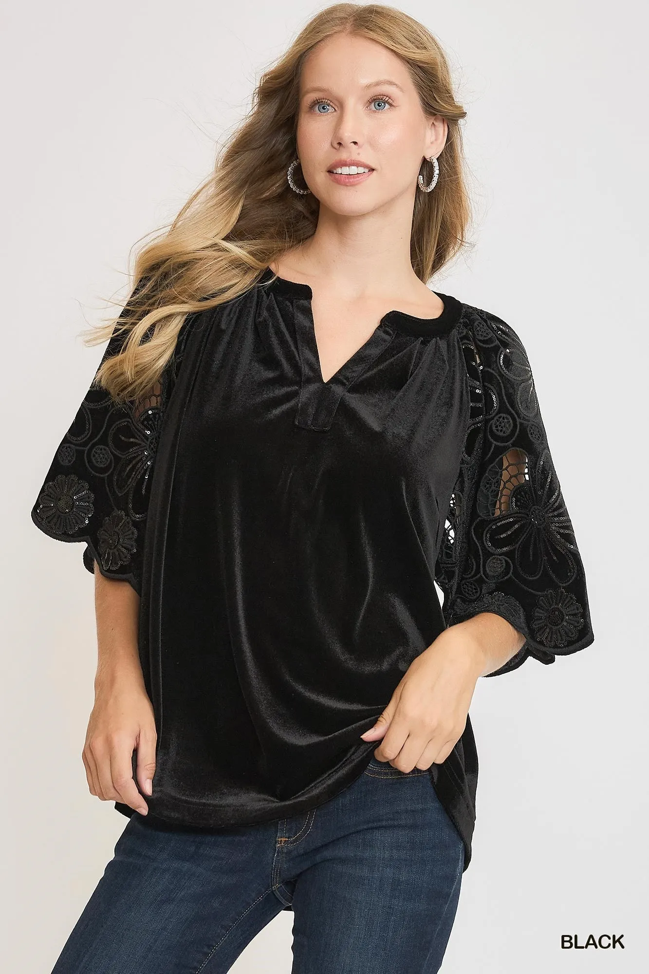 Black Velvet Top w/ Cut Out Lace Sleeves