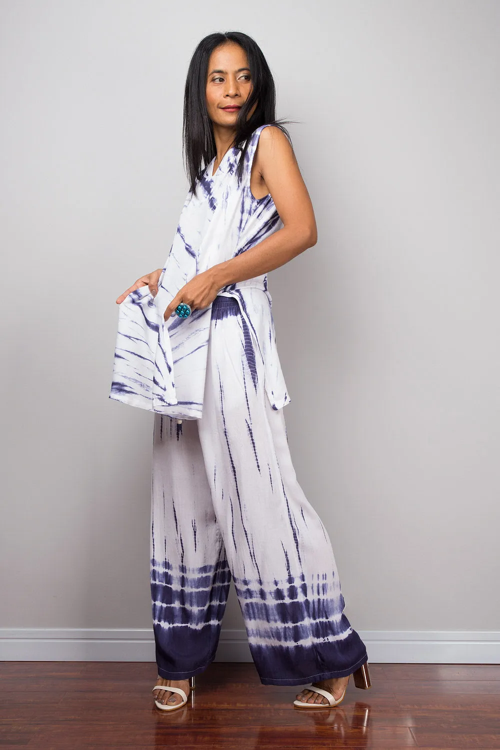 Blue and white top and matching tie dye pants